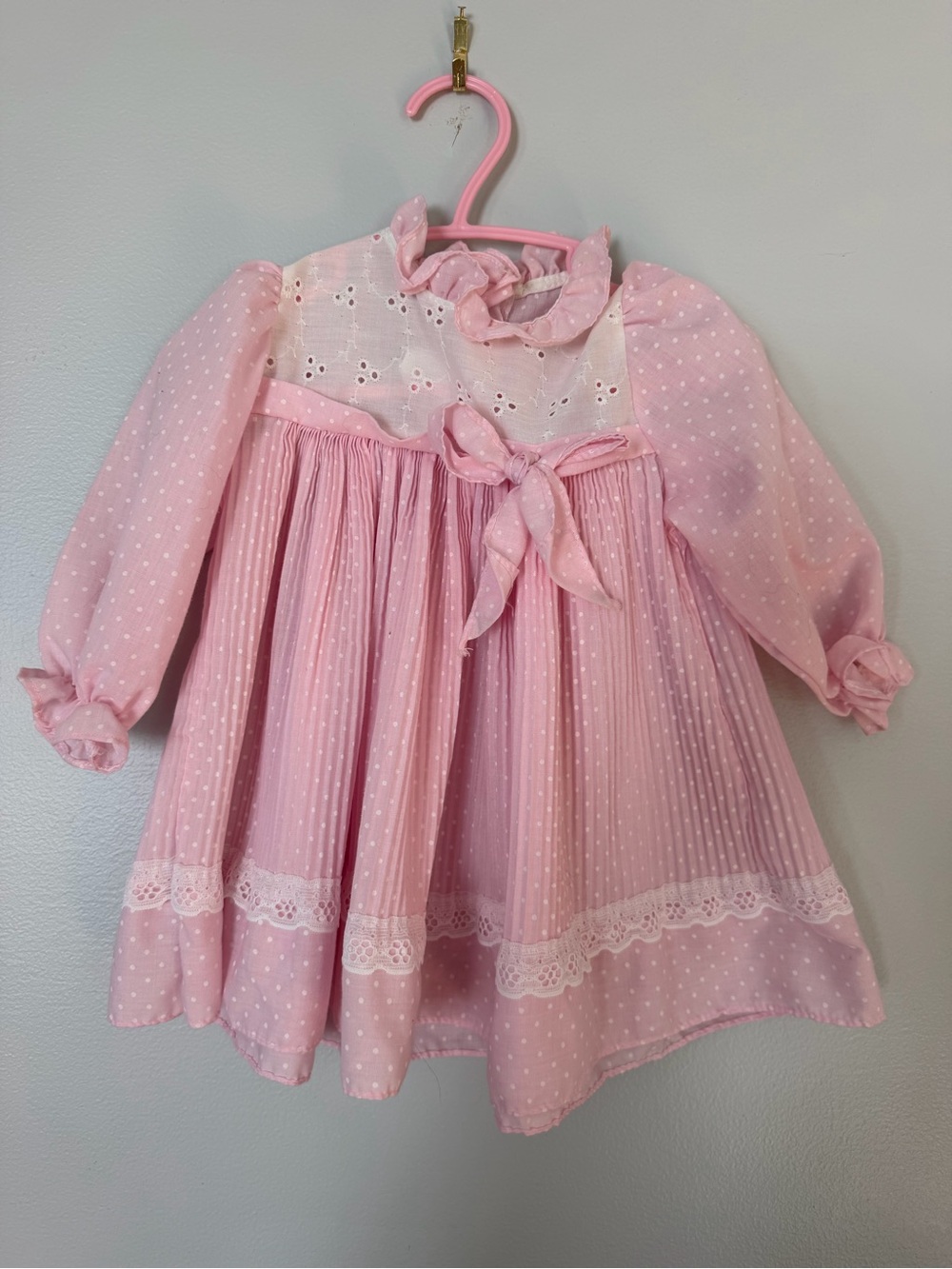 Vintage 80s Pink Polka Dot Baby Dress with Lace & Bow